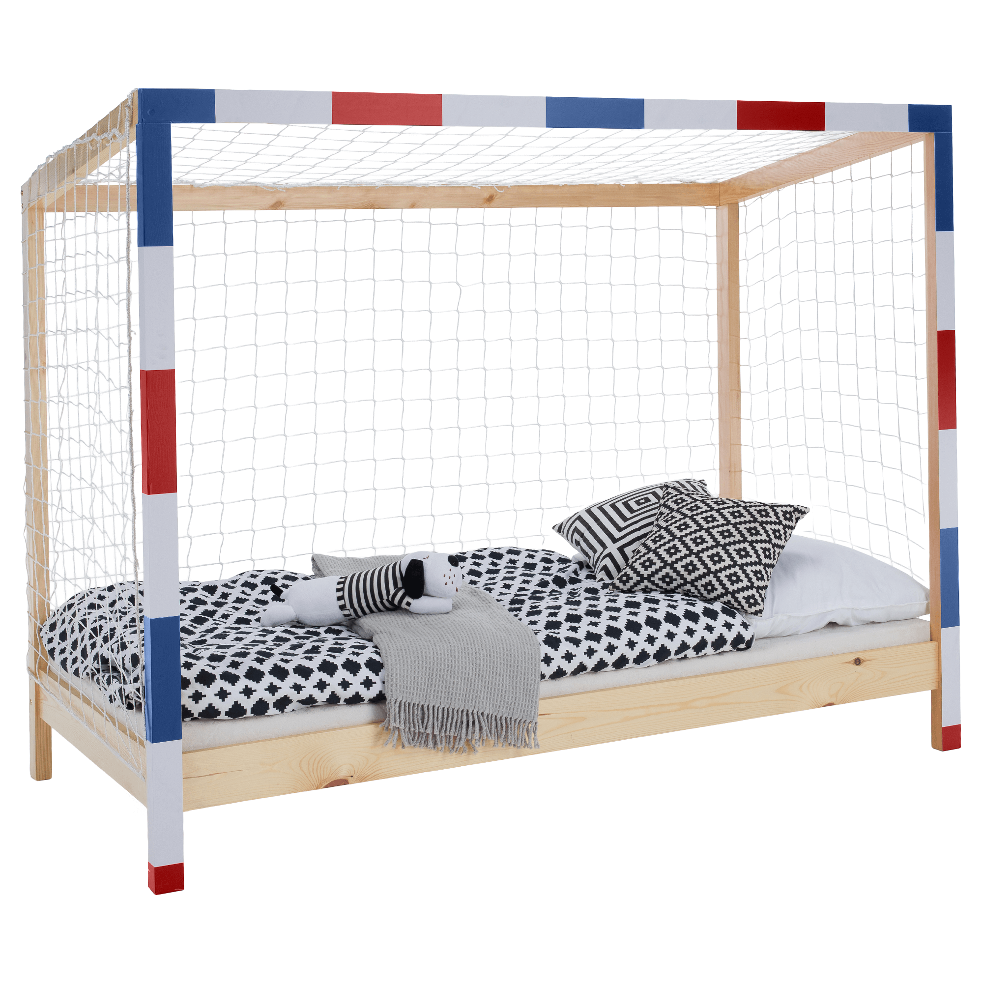 futal-postel-biela-modra-cervena-00 Montessori ágy, természetes/fehér/kék/piros, 90x200, FUTAL - 1. kép