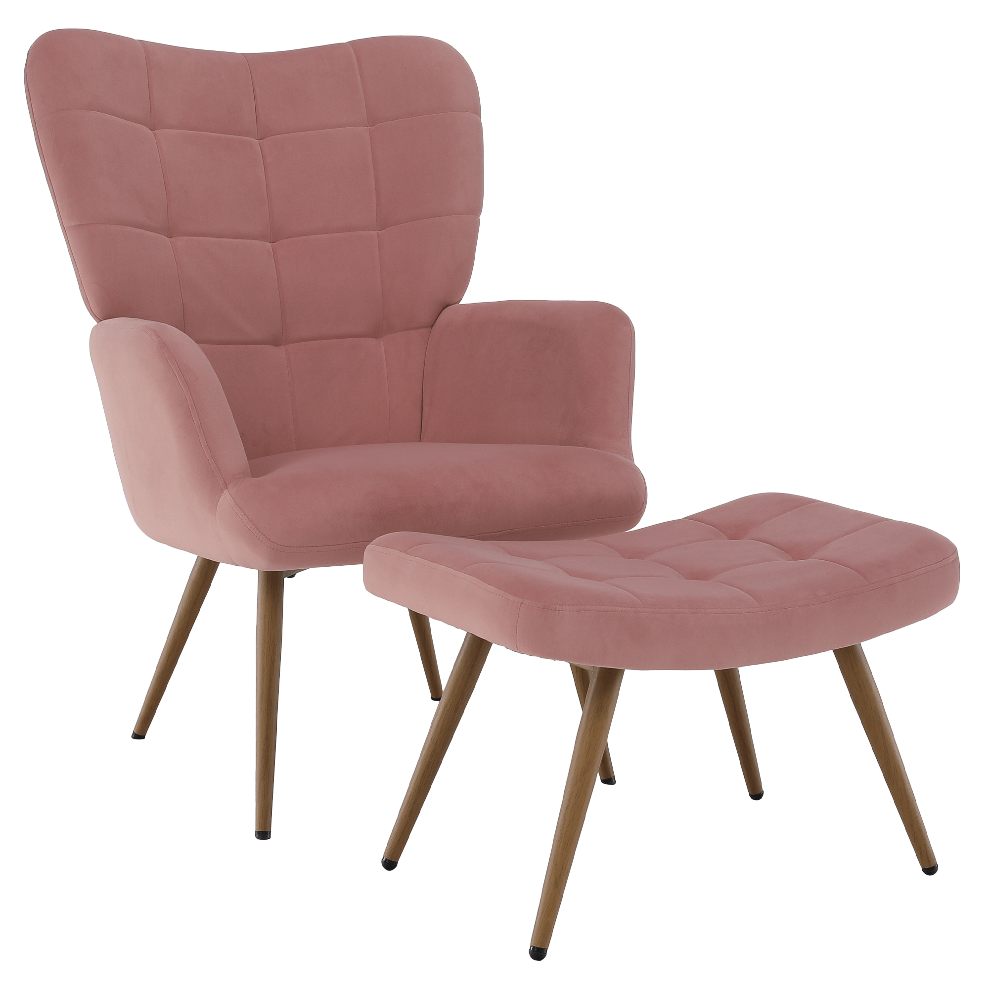 haben-kreslo-ruzova-01 Fotel lábtartóval, rózsaszín Velvet szövet/tölgy, HABEN - 1. kép