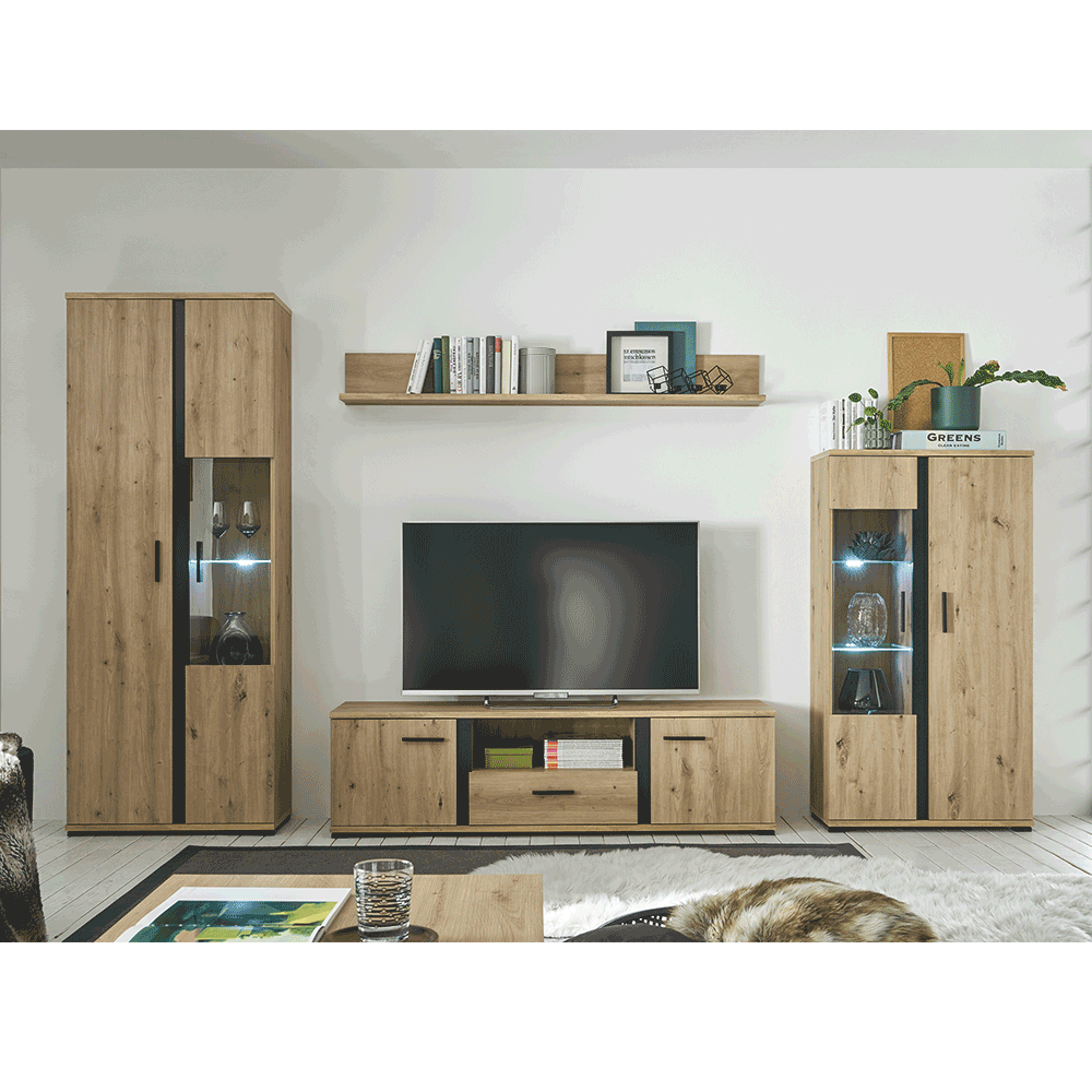 kanode-obyvacia-stena-1x1k-03 Nappali fal/szekrénysor, artisan tölgy/fekete, KANODE - 1. kép
